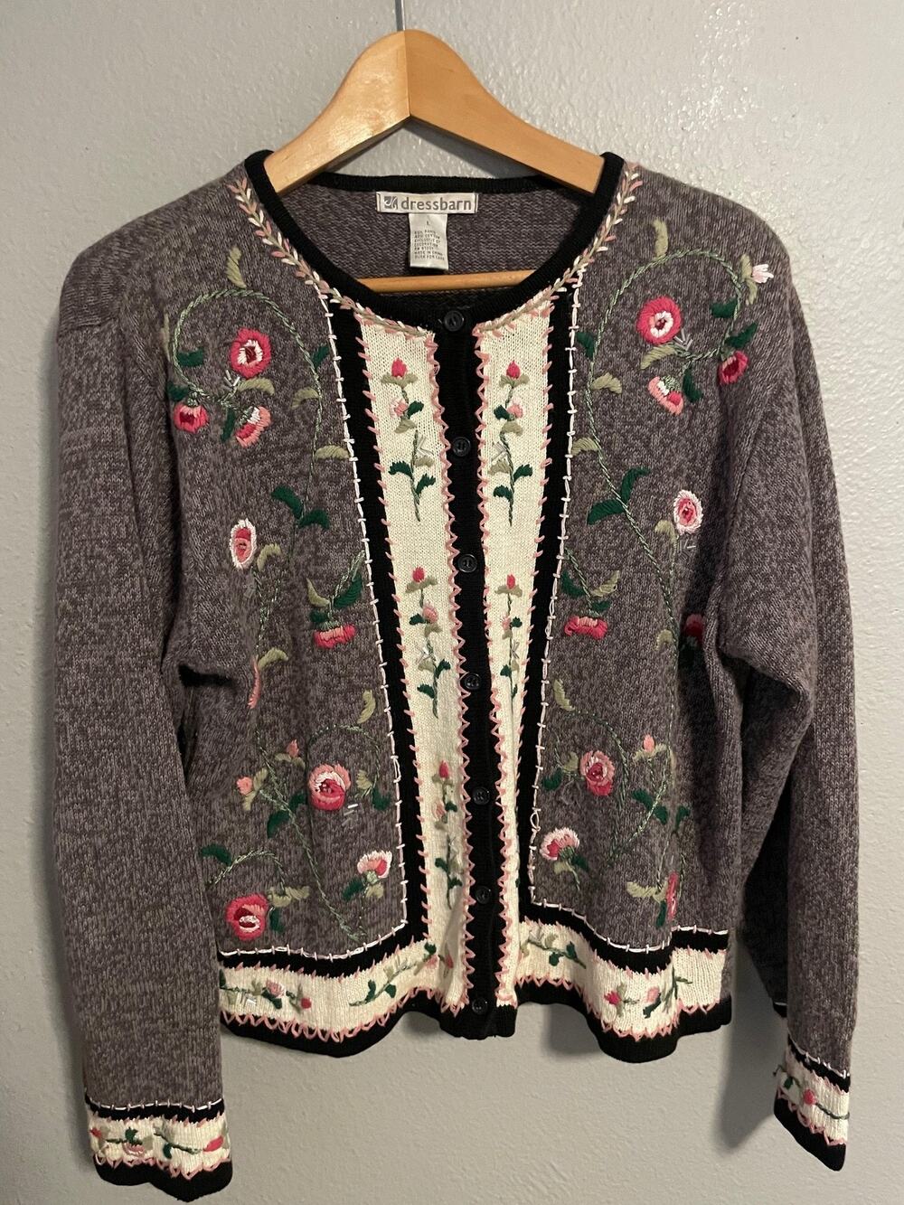 Dressbarn Cardigan Women Large Gray Floral Embroidered Button Up Cottagecore Y2K